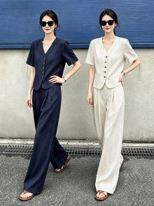 NUANPING | Italian Elegant Relaxed Two-piece Suit Women Breathable Shortsleeve Blazer and Highwaisted Pants