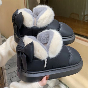 Womens Thin Stripe Sweet Bows Snow Boots New Arrival Winter Internet-Famous Outdoors All-Matching Warm Waterproof Pu Cotton-Padded Shoes