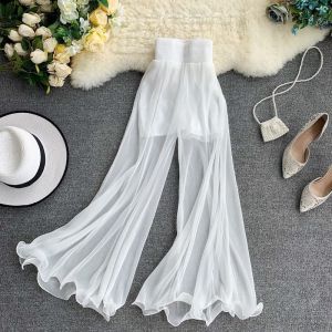 High-Waisted Baggy Pants Womens Ruffled Hem Loose Casual Flared Trousers Street Style Summer Fashion Long Pants Polyester
