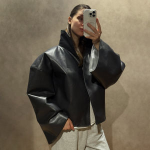 Open Stitch Faux Leather Women Jacket Stand Collar Long Sleeve Loose High Street Casual Female Streetwear 2026 Spring Autumn