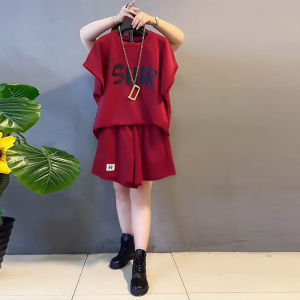 Plus Size Womens round Neck Letter Short Sleeve Tops Loose Covering Shorts Fat Sister Pure Color Simple Casual Two-piece Set