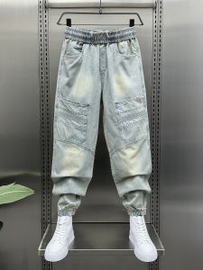Thời Trang Mùa Hè Nam Màu Xanh Nhạt Rộng Rãi Vòng Bít Chân Thẳng Xẻ Tà Quần Jean Phong Cách Hàn Quốc Trẻ Trung Quần Ống Rộng Thoải Mái Harlan Jogger Denim