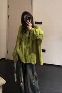 plus Size Womens Knitted Top Loose Green Color Slimming Fashionable Versatile Long Sleeve round Neck Basic Style Commute Style