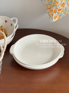Modern Korean Style Ceramic Pasta Plate Double Ear Pure Color Glazed under Dinnerware Dish Home Use Fruit Tray