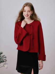 XIANGYING | Áo Khoác Trench Ngắn Màu Đỏ Bằng Lông Cừu