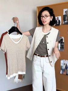 Elegant V-Neck Short Sleeve T-Shirt Womens Fashion Casual Versatile Beautiful Top Quality Material Summer New Arrival