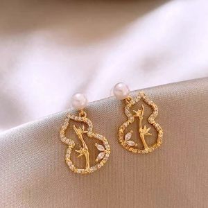 Delicate Pearl Earrings Womens Unique Beautiful Silver Plated Alloy Zircon Gourd Shaped Fashion Jewelry Ear Decorations