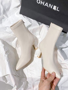 White Pointed Toe Short Boots Womens Thin Heel Fashionable 2025 New Autumn Winter High Heels Square Heel Fleece Lined Soft Leather Simple Shoes