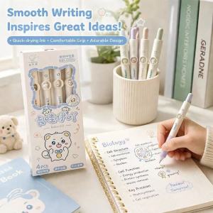4PCS Kawaii Cartoon Gel Pen Set Retractable Black Ink Pens for School & Office