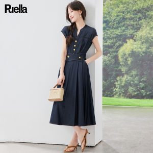 puella | Retro V-Neck Metal Button Denim Dress