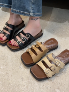 YOTO Vintage Buckle Wedge Sandals For Women Three Adjustable Straps Square Toe Platform Slippers