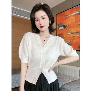 เรียบหรู คอวี Ice Hemp ถัก คาร์ดิเกน แขนสั้น หลวม Fit Workwear สไตล์สีบริสุทธิ์ปุ่มขึ้น ผู้หญิง เสื้อผ้าถัก เสื้อท่อนบน