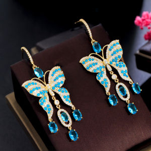 SEQUITO Korean Fashion Women Gold Color Jewelry Unique Frosted Light Blue Cubic Zircon Stone Round Hoop Butterfly Tassel Drop Evening Party Long Earring SE637