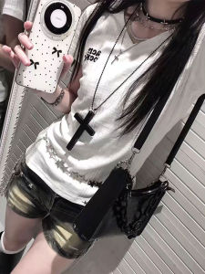 Flattering V-Neck Letter Print T-Shirt with Textured Design