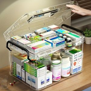 Large Capacity Double-Layer Medicine Organizer Box - Waterproof Transparent Storage for Home & Travel