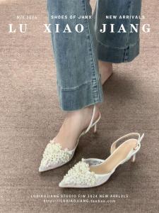 รองเท้าแต่งงานสุดหรูหราแบบฝรั่งเศส รองเท้าส้นสูงแบบสวมหัวแหลม ดีไซน์หวานๆ ด้วยลูกปัดและลูกไม้ รองเท้าแฟชั่นสุดหรู