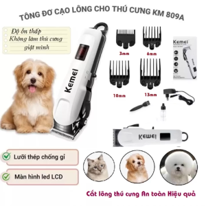 Tông đơ cắt tỉa lông chó mèo thú cưng KM 809A cao cấp không dây lưỡi cạo sắc bén tặng 4 cữ có màn hình LCD thông minh
