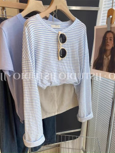 Blue White Striped Ice Silk Knitted Long Sleeve Womens T-Shirt Summer Unique Design Sea Soul Shirt Air Conditioner Cover up Sun Protection Thin