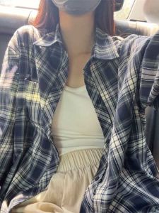 Mens Plaid Shirt Loose Long Sleeve Spring Autumn Fashionable Couple Outerwear Casual Youth Trendy Button Decorated Shirt