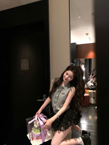 Chen Jiamin M1U Private Wardrobe Knitted Lace Collar Vest Womens Summer Patchwork Lace Skirt Fashion Set Casual Chic