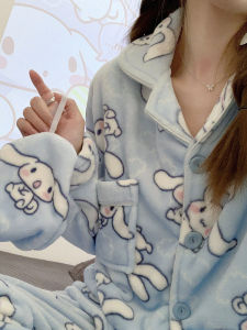 Sanrio Cinnamoroll Babycinnamoroll Fleece-lined Thickened Coral Velvet Pajamas Womens Autumn and Winter New Arrival Flannel Home Wear Suit