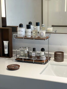 CHIGUASHAONV | Mid-century Walnut Wood Stainless Steel Cosmetic Organizer Dual Layer Vanity Shelf