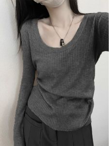 เสื้อชั้นในถักแขนยาวคอวีสีเทาหรูหรา เสื้อชั้นในผู้หญิงฤดูใบไม้ร่วง ทรงสลิมฟิต กระชับสัดส่วน เสื้อสเวตเตอร์ถัก เสื้อผ้าทำงานสไตล์เกาหลี