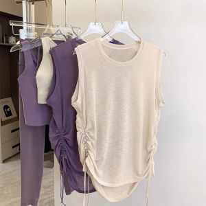 Áo Thun Yoga Nữ Mùa Hè Mỏng Rộng Cổ Tròn Không Tay Áo Tập Luyện Thể Dục Thoáng Khí Có Dây Rút Áo Tập Pilates