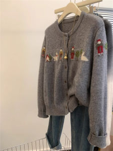 คริสต์มาสปักสีเทา เสื้อสเวตเตอร์ถัก เสื้อโค้ท หญิง ฤดูใบไม้ร่วง ฤดูหนาว สไตล์ขี้เกียจ นุ่ม หลวม ถัก เสื้อท่อนบน คอกลมวินเทจกระดุมเดียวแขนยาว