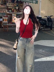 YUEZHONGWEI | Dopamine Boost Red U-Neck Strap Vest Women Summer Outfit Slim Fit Sleeveless Top Fashionable Commute Style Backless Design