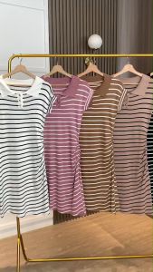 D11865 Side Pulled n Slit Stripe Knit Dress