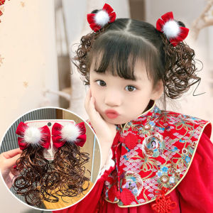 【1-3 Days Delivery】Baby Girls Wig Headdress Antique Hairpin Red Bowknot Hair Accessories Childrens Chinese New Year Hairpin