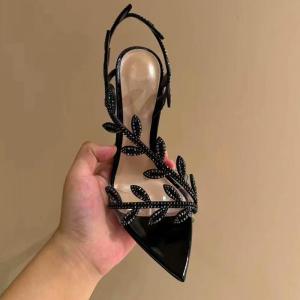 Black Rhinestone Leaf Sandals New Spring Autumn Pointed Toe Painted Leather Elegant Beautiful Thin High Heel One Strap Lady Shoes