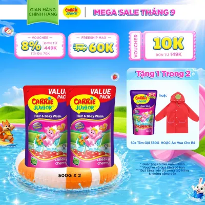 Combo 2 Túi Sữa Tắm Gội Carrie Junior Cho Bé chiết xuất trái cây thiên nhiên Hương Cheeky Cherry 500G