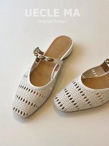 MASHUJIA | Breathable Perforated Weaving Half Slipper Sheepskin