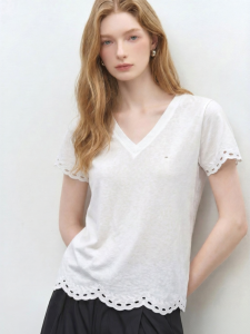 V-Neck Lace Trim Short Sleeve T-Shirt