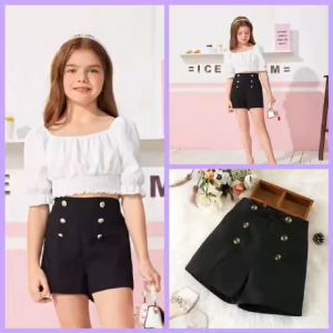 kendy High Waist Trousers Front Buttons Shorts for Girl - 4 to 12 years old - cute shorts - made of imported fabric - made of soft fabric - excellent quality - fabric from abroad - color: green blue pink maroon red black white tan skin tone ra