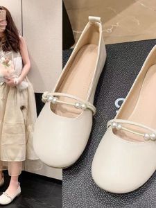 Elegant Flat Shoes for Cheongsam Womens Mary Janes Large Size Maidsmaid Shoes Fashionable Pearls round Toe Low Heel Ballet Flats