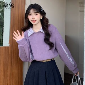 Áo nỉ nữ MUTU hai mảnh giả cổ polo tay dài cotton pha