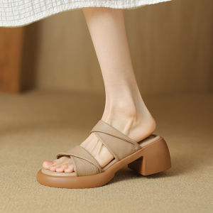 Ladies Leather Sandals Summer New Style Thick Heel Sheepskin Slip-On Shoes Heightening Flats Casual Wear for Young Women