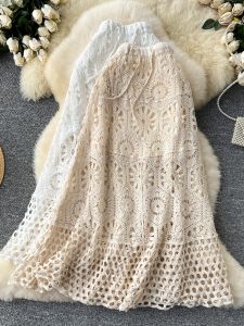 Bohemian Vacation Style Womens Korean Version Heavy Work Hollow out Knitted Drawstring Waist Half Skirt A-Line Midi Skirt