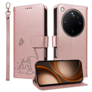 Leather Wallet Flip Case for OPPO Find X8 X9 Pro Ultra Phone Case Cover | Cat & Butterfly Embossed Design Protective Kickstand