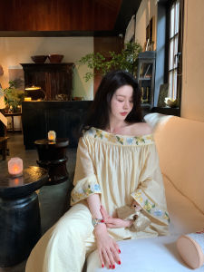 Eees Summer Long Lazy Money Style Embroidered Slant Shoulder Wide Leg Pants Set Draping Feel Fashionable Top Bottom Ensemble