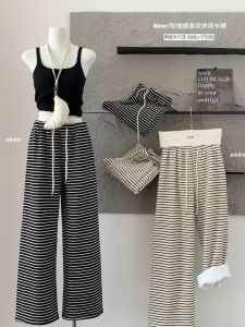 กางเกงขากว้างลายทางสีดำขาวเอวสูง กางเกงขายาวทรงตรงลำลอง ผ้าฝ้าย ทรงหลวม ฤดูใบไม้ผลิ 2024 กางเกงขายาวผู้หญิง