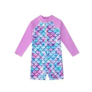 Girls Swimwear One-Piece Swimsuit Boyleg Shorts Long Raglan Sleeve Scale Print Kids Zip Beach Pool Swim Rash Guard Swimming Tops