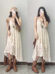 Bohemia Exotic Style Sling Dress Womens Summer Sleeveless Lace Tassel Travel Wear Vacation Long Dress