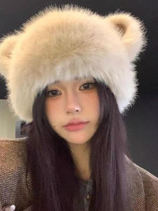 หมวกหนังสัตว์ขนนุ่มรูปหมีฤดูหนาว สไตล์หวานน่ารัก กันหนาว ปกคลุมหู ใส่ได้ตลอดทั้งปี หมวกหนังสัตว์ขนนุ่ม ผ้าฝ้ายผสม ขนสัตว์ ผ้าโพลีเอสเตอร์