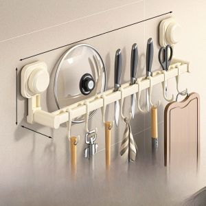 Kitchen Storage Rack Hooks Holder Wall Mounted Pot Spoon Holder Cutlery Organizer Plastic Adhesive Suction Cup Hooks