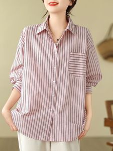 Spring 2024 Womens Loose Casual Long Sleeve Striped Cotton Shirt Vintage Polo Collar Large Size Fashion Inner Wear Top