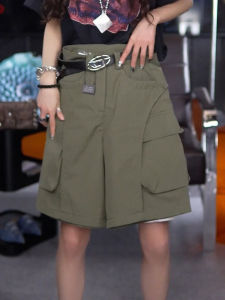 Shalldoer | American Retro Style Loose Casual Five-Quarter Pants Womens High Waist Wide Leg Pants Summer Slimming Trousers With Big Pockets